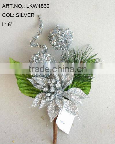 2014 New Artificial Christmas Silver Flower Pick 6" Artificial Poinsettia Flower With Berries