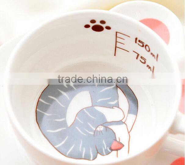 creative lovely pussy cat ceramic coffee mug set with tea tray, promotional pocelain kitty series of 2-piece suit