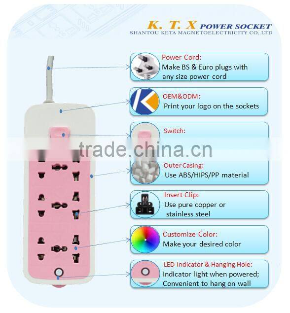 6 Way Candy Color Multi Universal Electrical Power Extension Socket