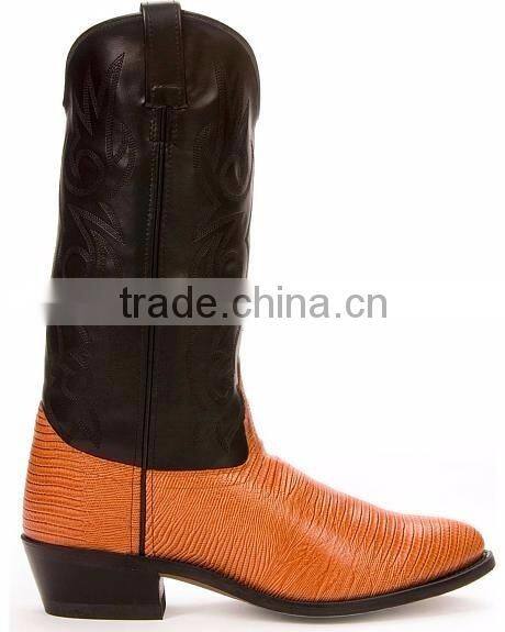 Black cognac fancy stitched manmade shaft leather lizard printed western cowboy boots