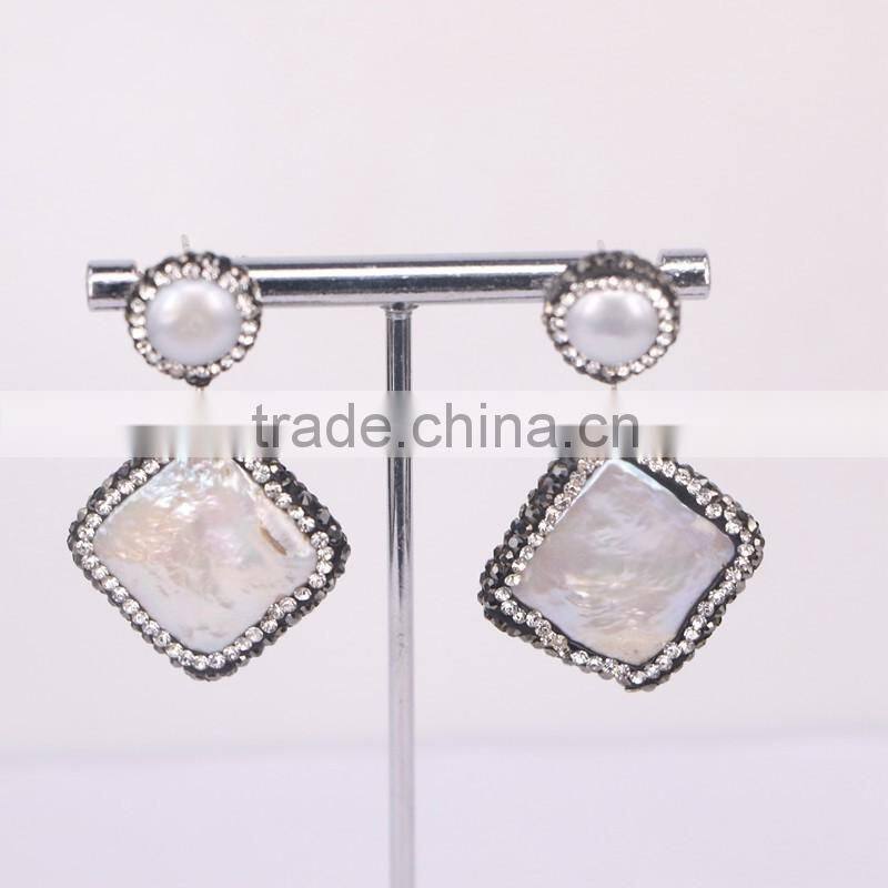 Natural Freshwater Pearl Earrings, with Crystal Zircon Paved Stud Pearl Gem Jewelry Earrings