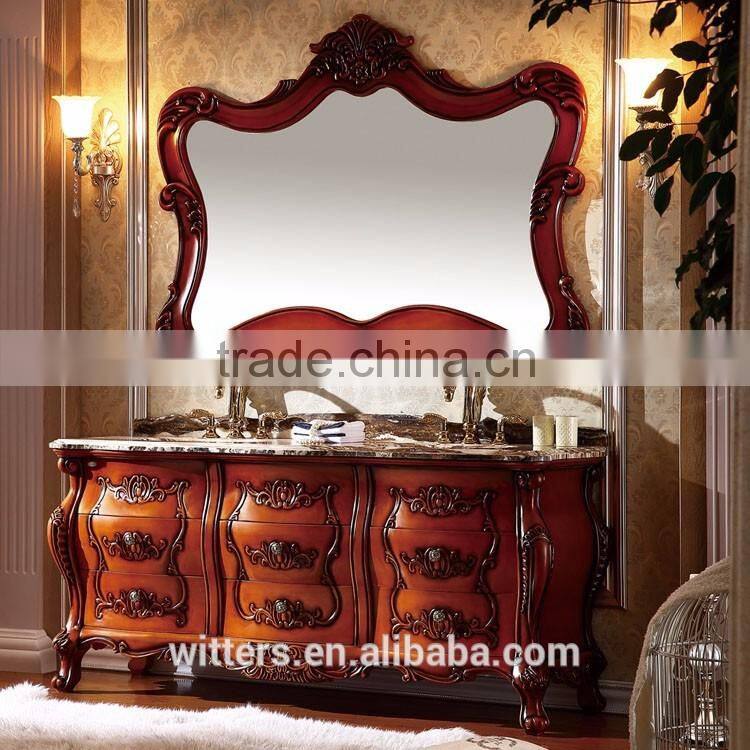 WTS-8188 70 inch luxury bathroom furniture golden decoration double sinks wood bathroom vanity cabinets with three holes