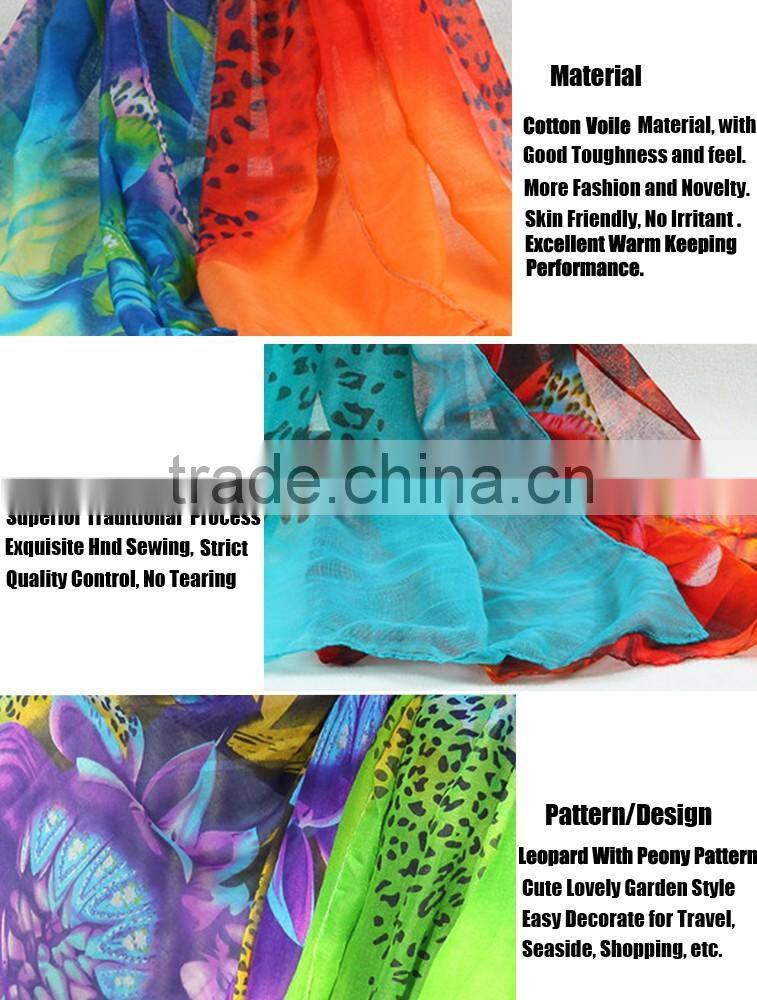 2015 Custom Lady Fashion Cotton Voile Shawl and Scarf Fresh Leopard Peony Printing for Spring Autumn