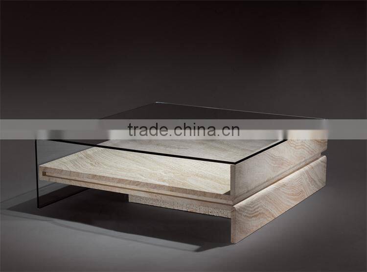 Italian white travertine stone base glass end table