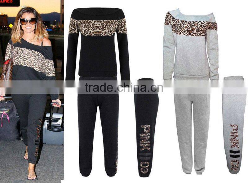 Ladies Leopard Print & Off Shoulder black Tracksuit Jessica Wright Celeb Joggers