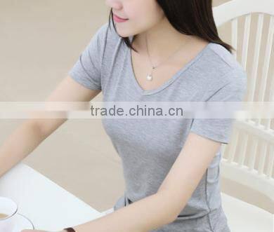 2016 Latest Summer Women Solid Color Heart-shaped Collar Modal Slim Base Short Sleeve T-shirt