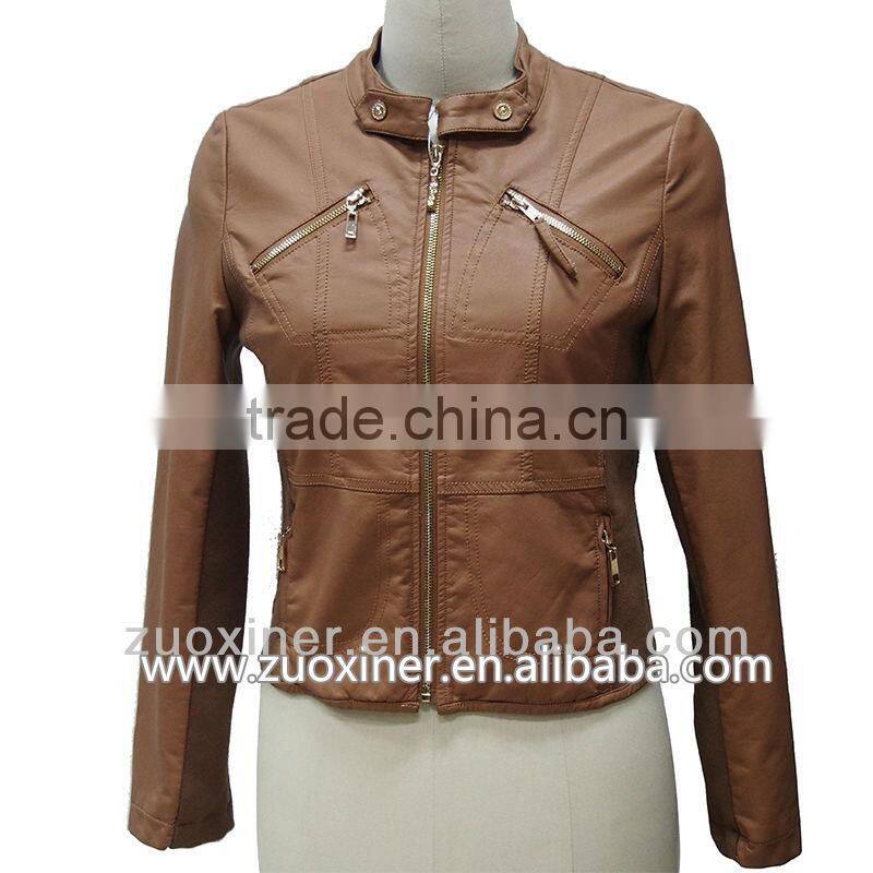 new design round collar ladies leather jacket