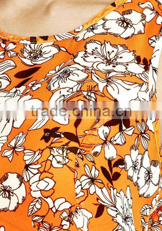 Women clothing for print drop back hem chiffon top China manufacturer