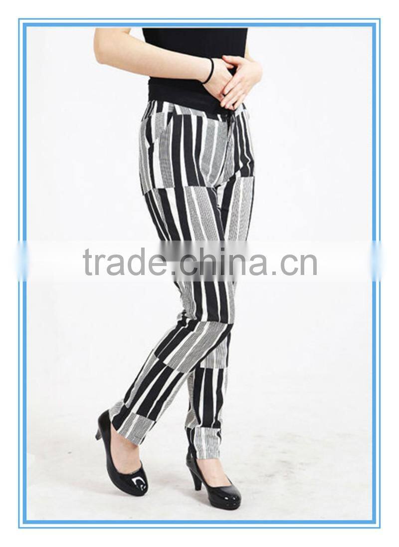 Black And White Stripe Cotton Women Linen Drawstring Pant
