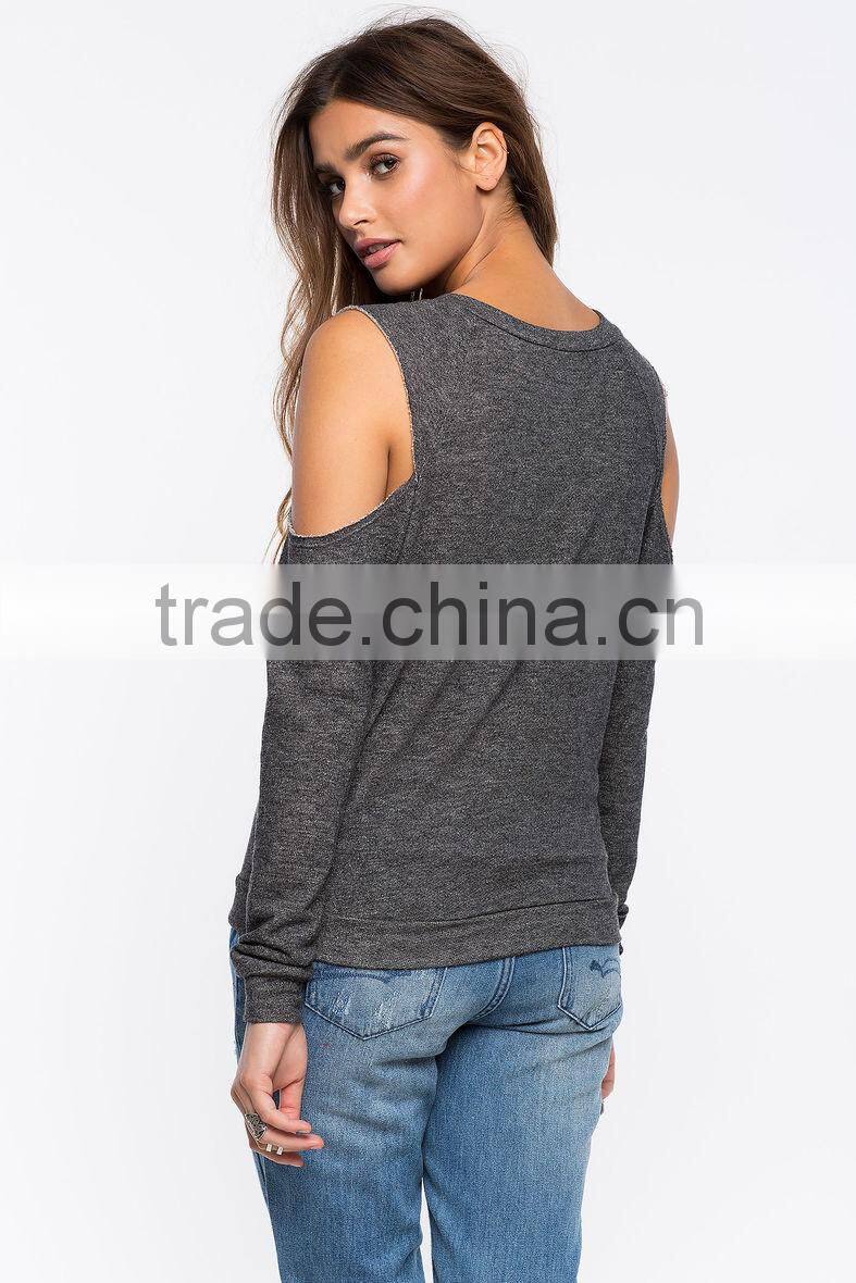 Sexy cold-shoulder graphic print crewneck sweatshirt womens clothing fall 2015
