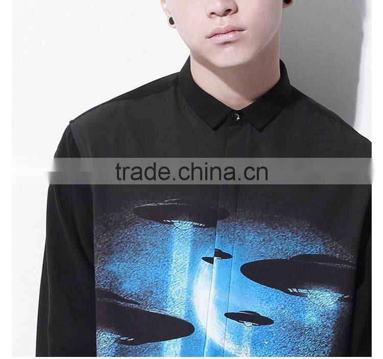 new design slim fit black shirt with printing , twill fabric printed man shirt,100% cotton long sleeve shirt