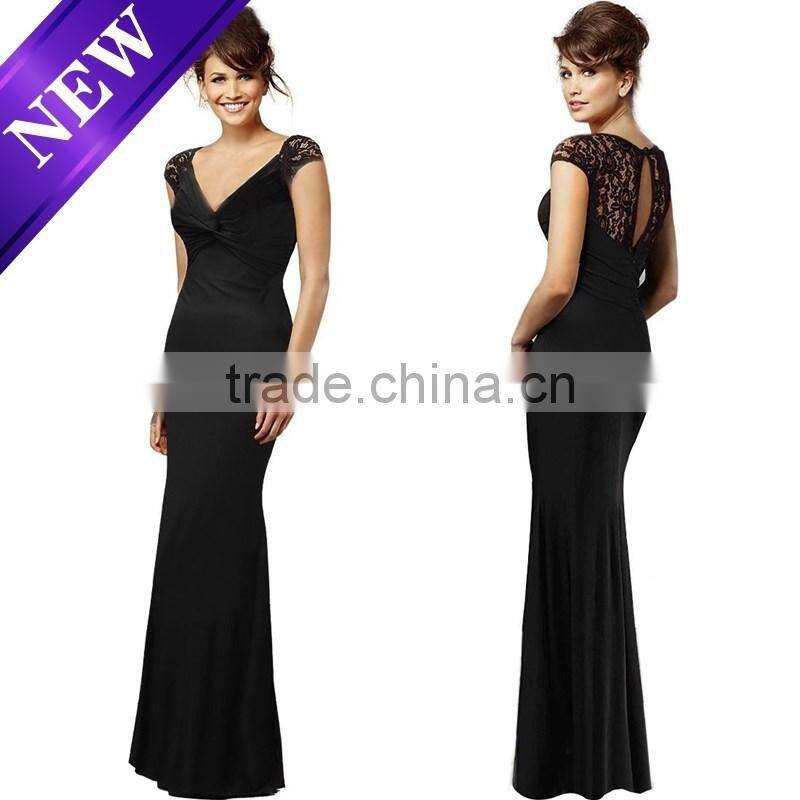 Fashion Custom Black Long Dress Sleeveless lace V neck Evening Dress For Wholesale