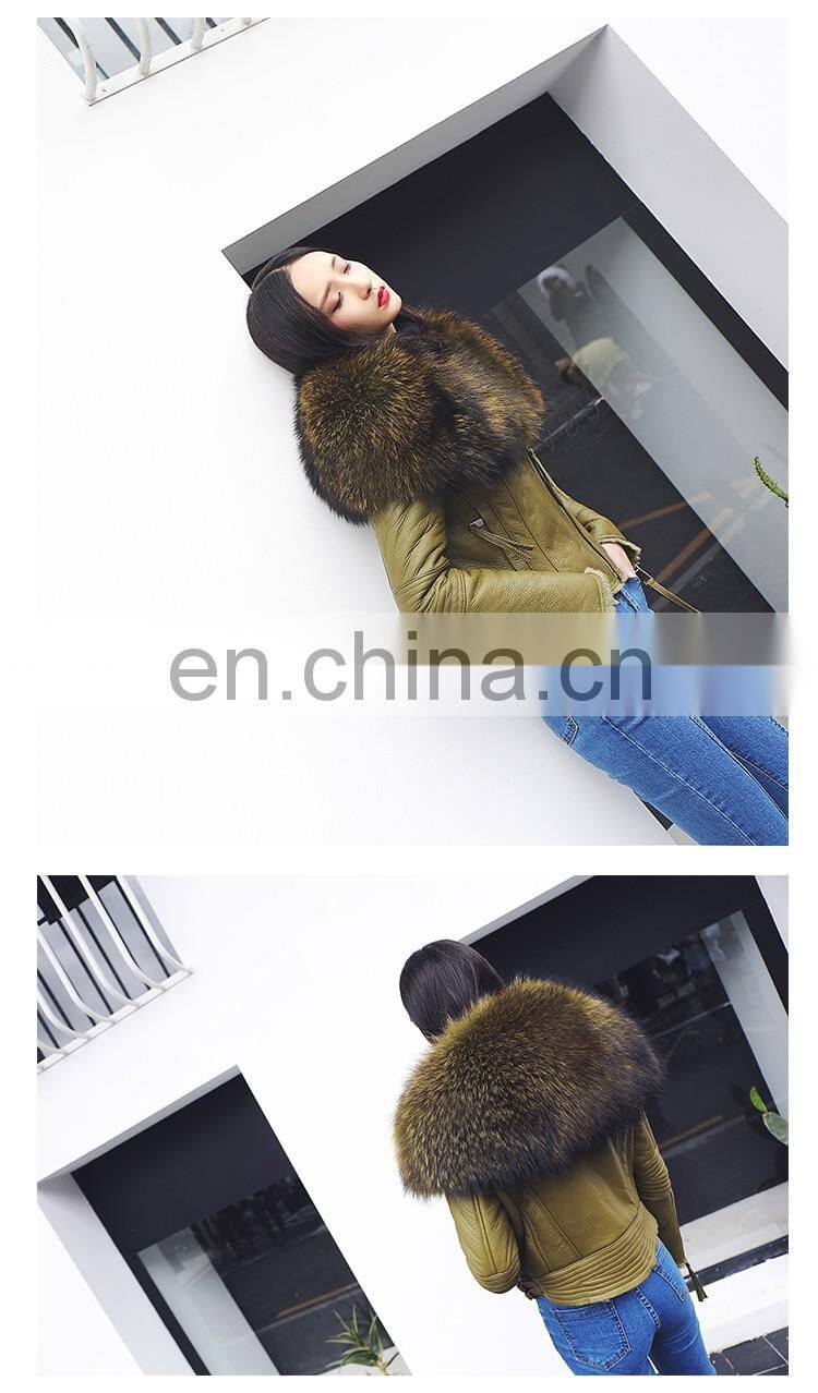 Winter Warm Fashion Real Large Raccoon Fur Collar Sheep Fur Coat / Genuine Merino Sheepskin Women's Leather Coat