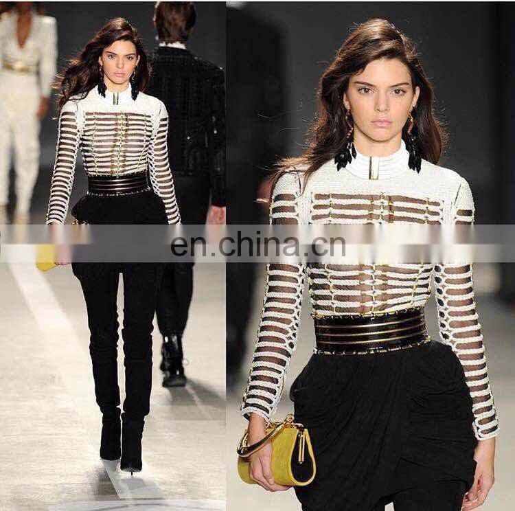 Amigo 2017 new design Black long sleeve O neck sexy mesh see through beaded crop top for big boobs women