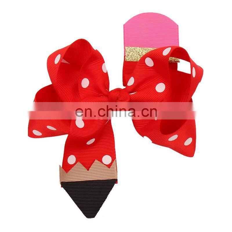 free 6''*4.5" Pencil Print Hair Bows for Girls Back to School Supplier Hairgrips Pen Quality Ribbon Bows Clips Kids Headwear