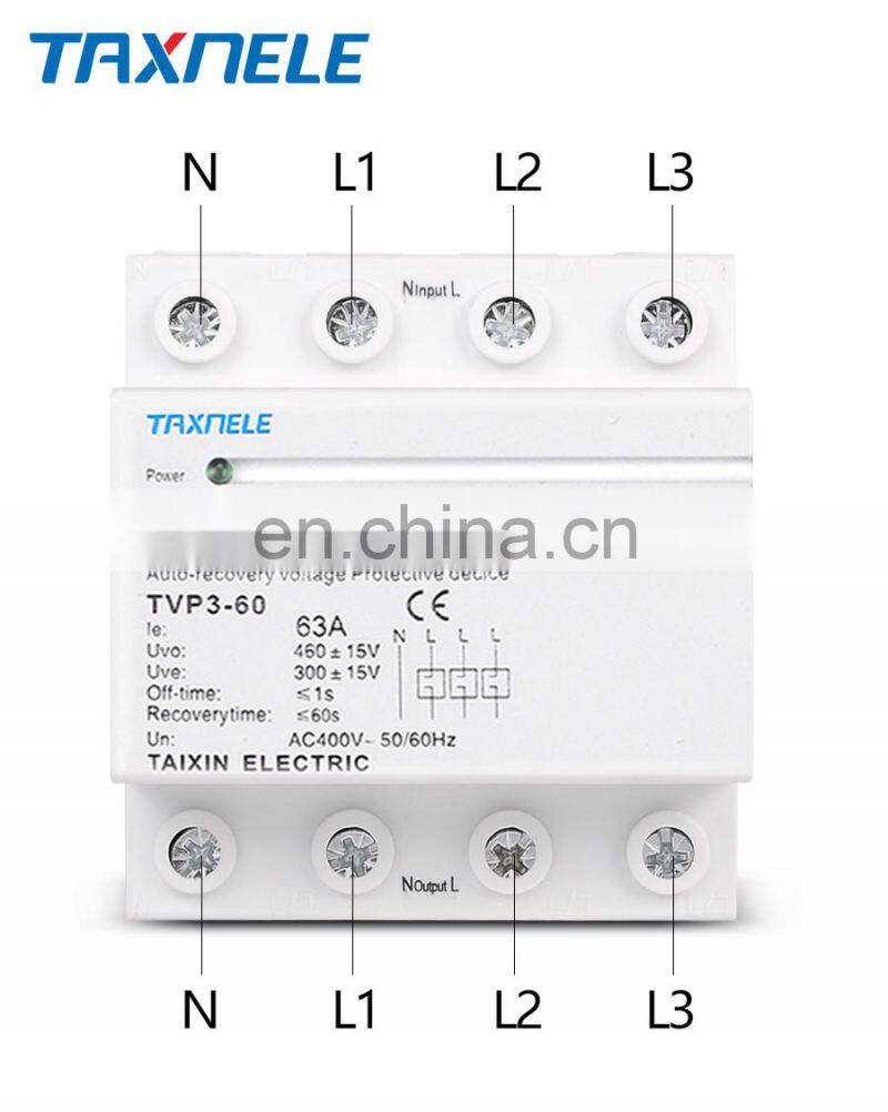 60A 63A 380V Three Phase Din rail automatic recovery reconnect over voltage under voltage Three Phase voltage protector