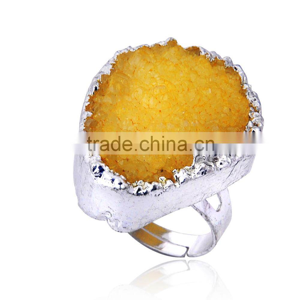 Natural Real Rough Drusy Black Agate Crystal Amethyst Rings Gemstone Ring with adjustable metal women finger jewelry