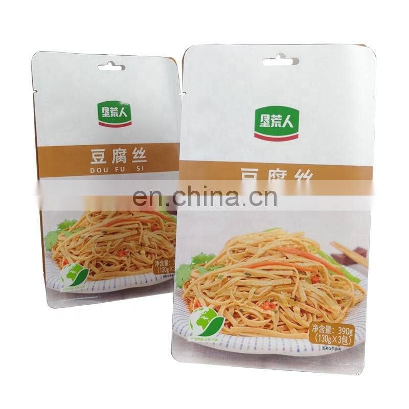 Stand up flat bottom white kraft paper bag custom logo 390g Tofu Wire pouch resealable gusset bag with clear side window
