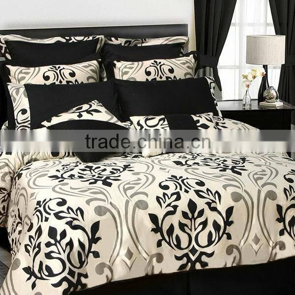 7Pcs Gorgeous Flocking Flower Polyester Comforter Set Bed In Black Cream Color