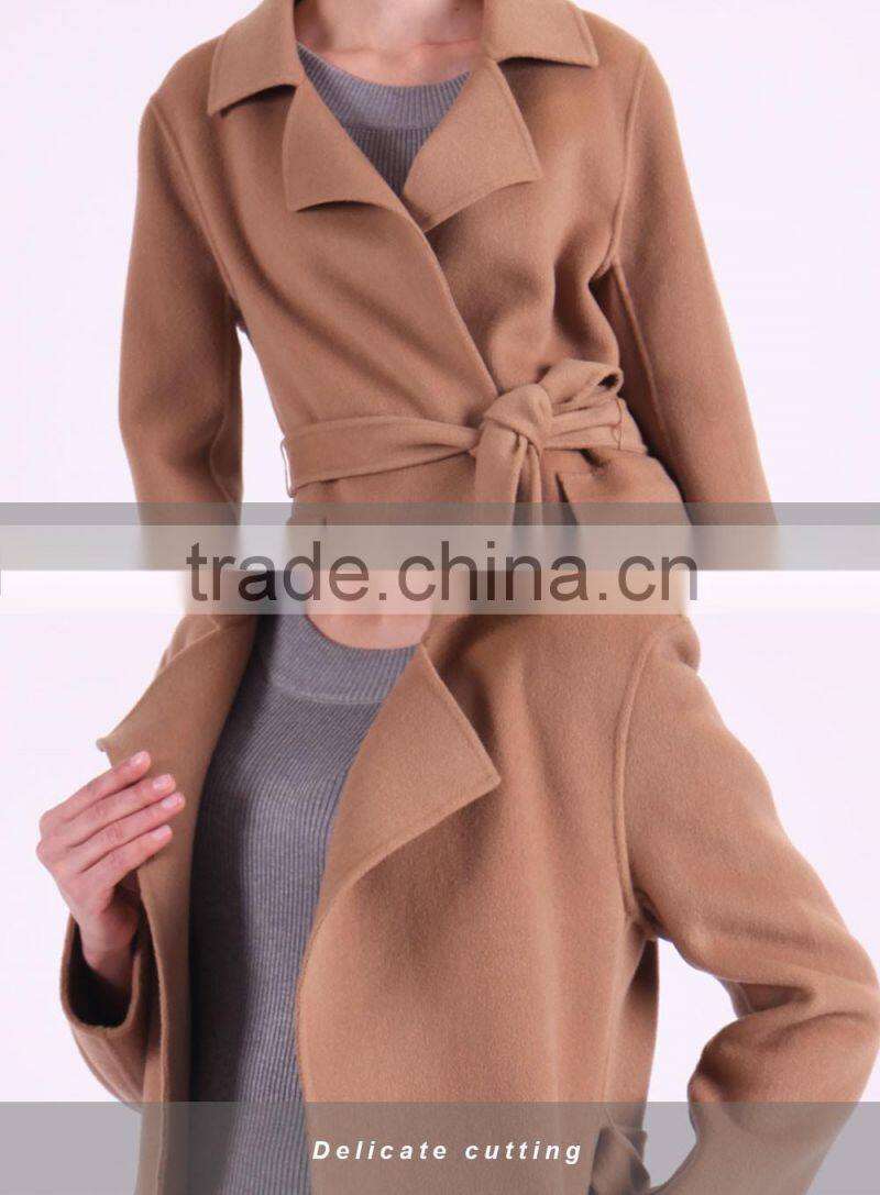 2016 New Design Fashion Women Length Slim Fit Wool Coat With Belt