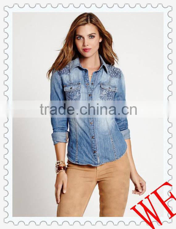 2014 autumn women's long sleeve lab washed denim slim-fit fashion shirt with lace