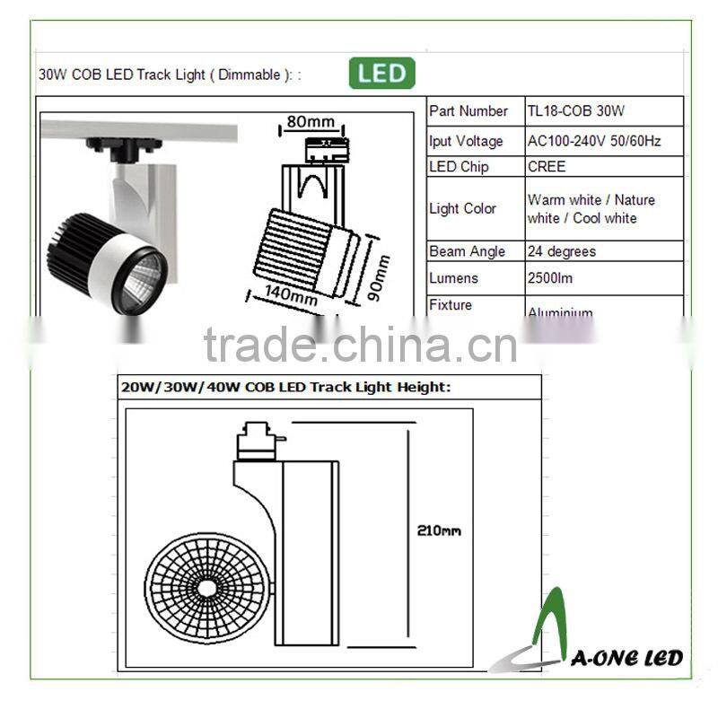 Commercial Lighting 100% Aluminium Shell dimmable 30W COB black led track lighting with 50,000h long Life-span