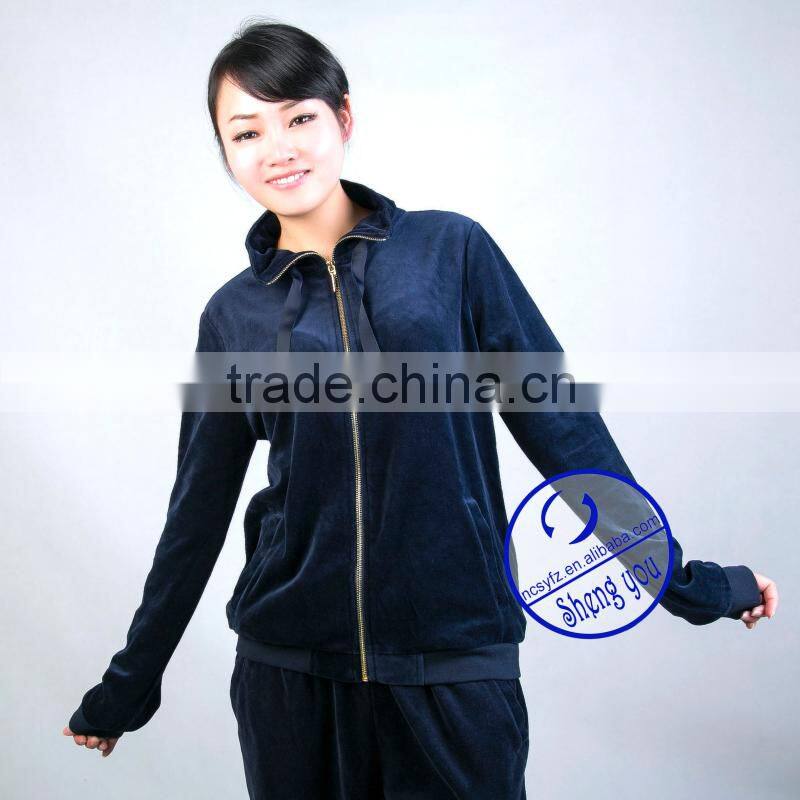 Custom women long sleeve stand collar velour zipper sport wear hoodies sweastshirts wholesale