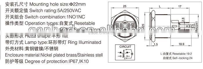 Ring illuminated 22mm push button switch