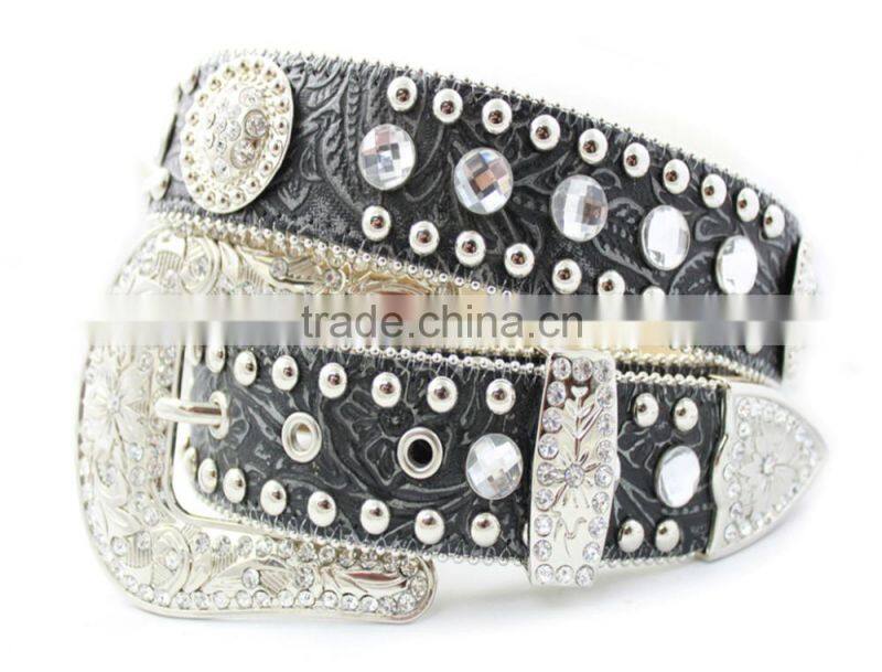 2016 New Design Western rhinestone leather belt with crystals circle chains and studs embedded