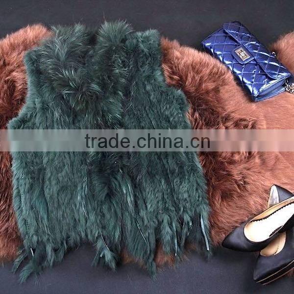 Wholesale Genuine Knitted Rabbit Fur Vest with Raccoon Fur Collar