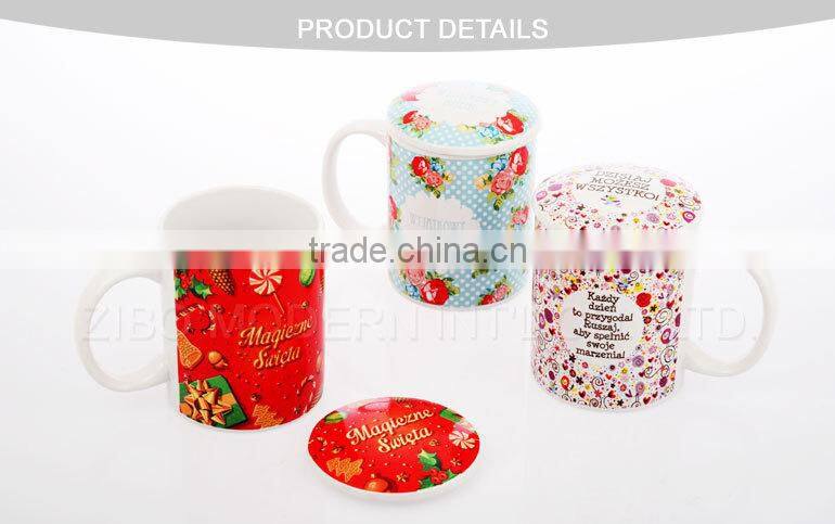 high quality white ceramic coffee mug with print and lid
