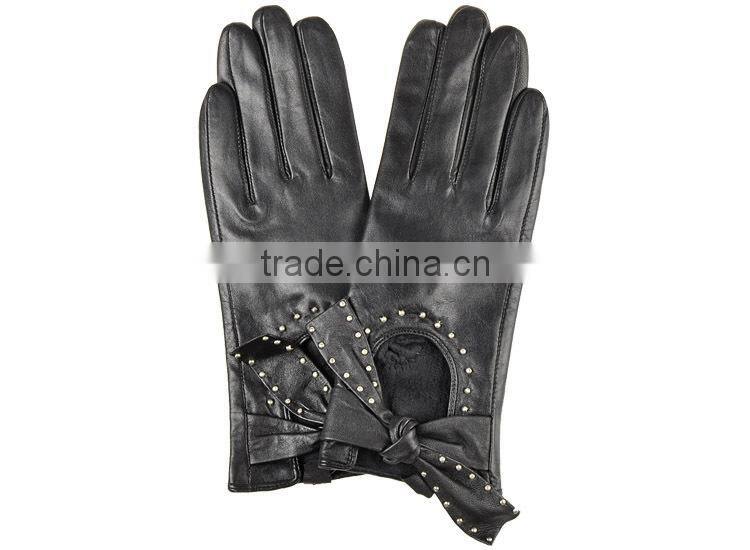 Beautiful bowknot design rivet sheepskin leather gloves for MS