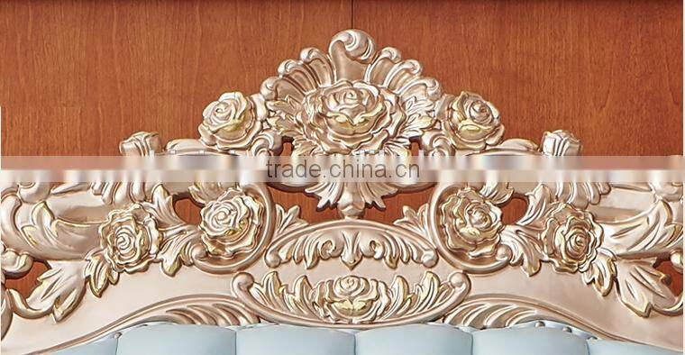 Champagne gold color flower hand carving light blue leather sofa set
