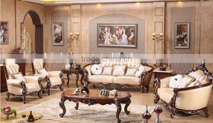 Neoclassical solid wood living room furniture genuine leather 1+2+3 sofa set