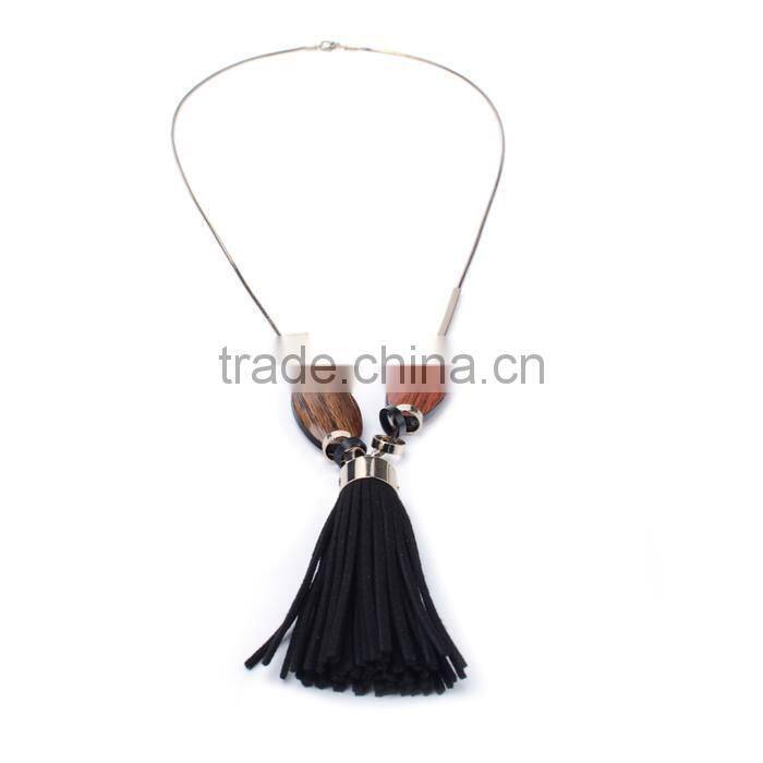 wood bead chain necklace tassel necklace geometric metal beads rings on chain necklace