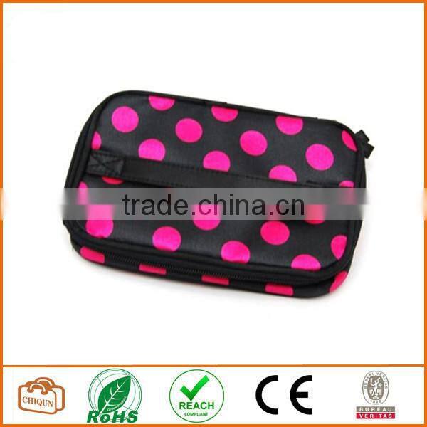 Double Layer Cosmetic Bag Black with Pink Dot Travel Toiletry Cosmetic Makeup Bag Organizer With Mirror