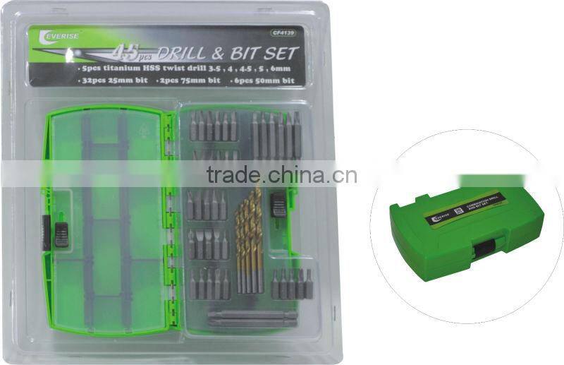 45pcs hss twist drill bit set in plastic case