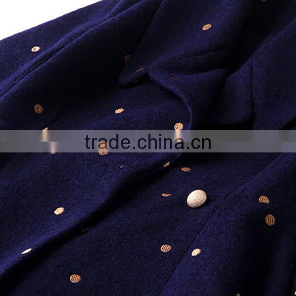 Women European Style Polka Dot Long Sleeve Tailored Collar Slim and Flare mid-long winter worsted coat