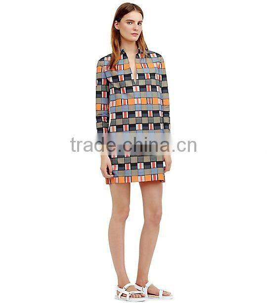 2015 fashion v-neck poplin tunic long sleeve dress for women