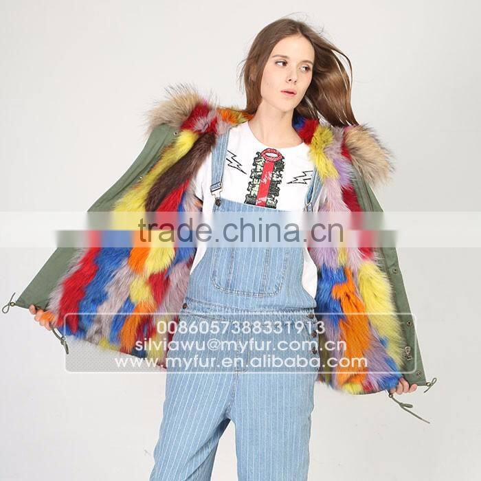 Myfur Fashion Women Parka Jacket with Real Fox Fur Lining and Natural Raccoon Fur Collar Hood