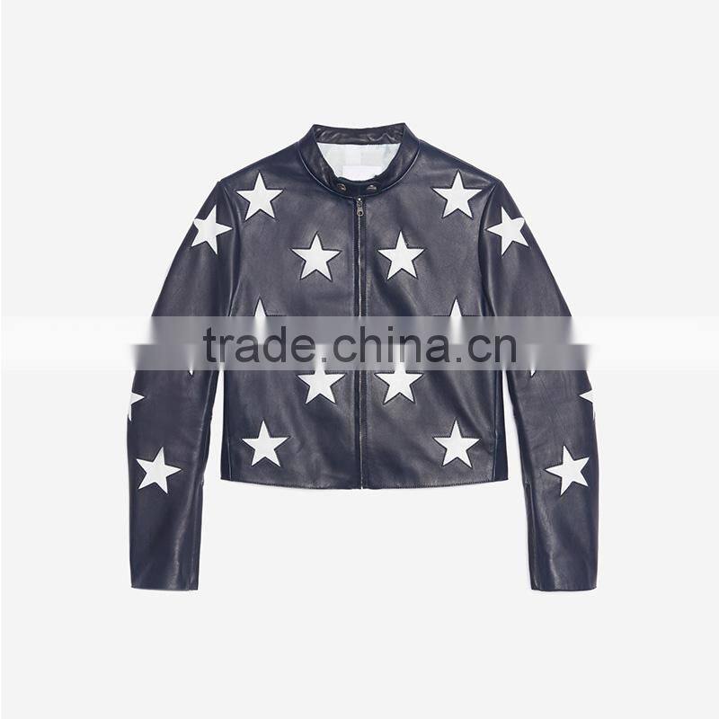 Fashion contrasting coloured stars cropped leather jackets for women