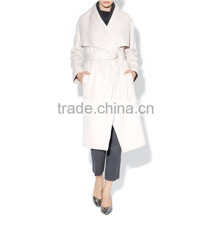 fashionable ladies double breasted long winter white coat with waistband