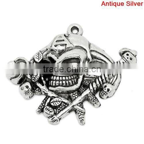 Charm Pendants Rose Flower Skull Halloween Ornaments Antique Silver 5x4.2cm
