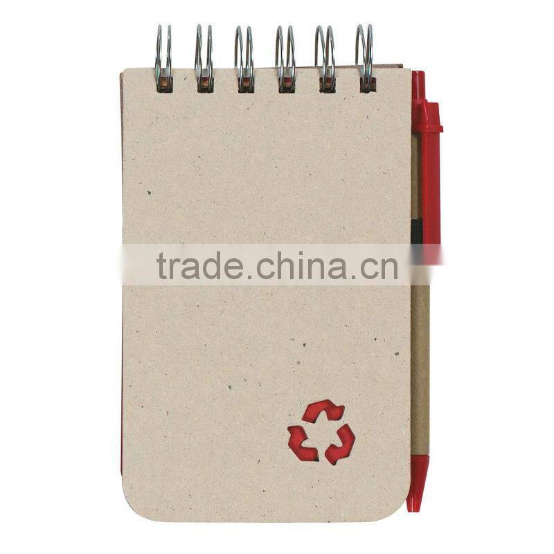 Hard kraft card cover spiral winding pocket recycle notebook 70grams 80sheets 8.5*12.5cm with paper pen and recycle logo cutout