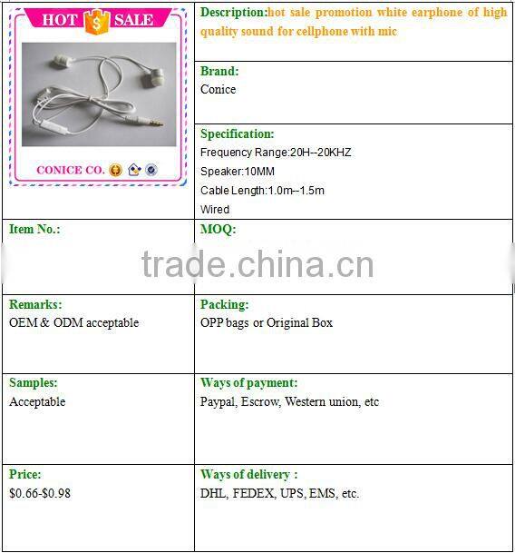 hot sale promotion white earphone of high quality sound for cellphone with mic