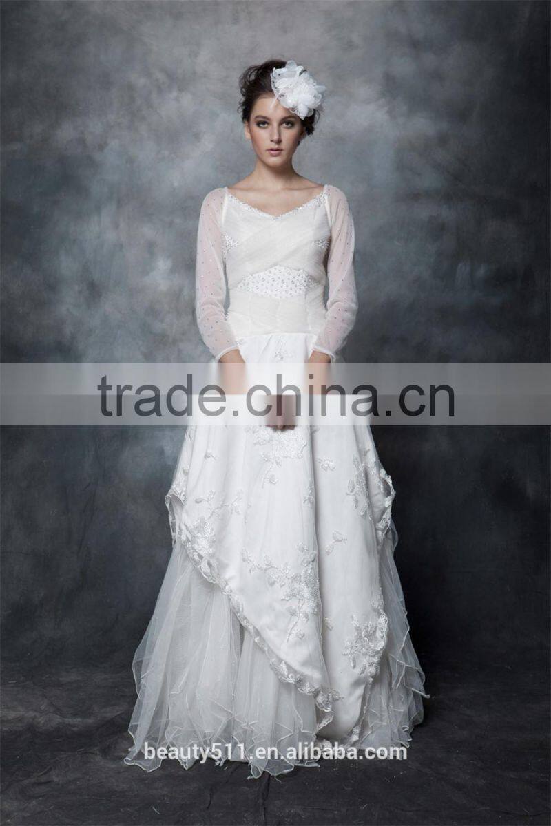 A-line Scoop Neck Satin Over Net With Embroidery bridal dress Lace With Crystal 3/4 sleeve Wedding Dress AS29402