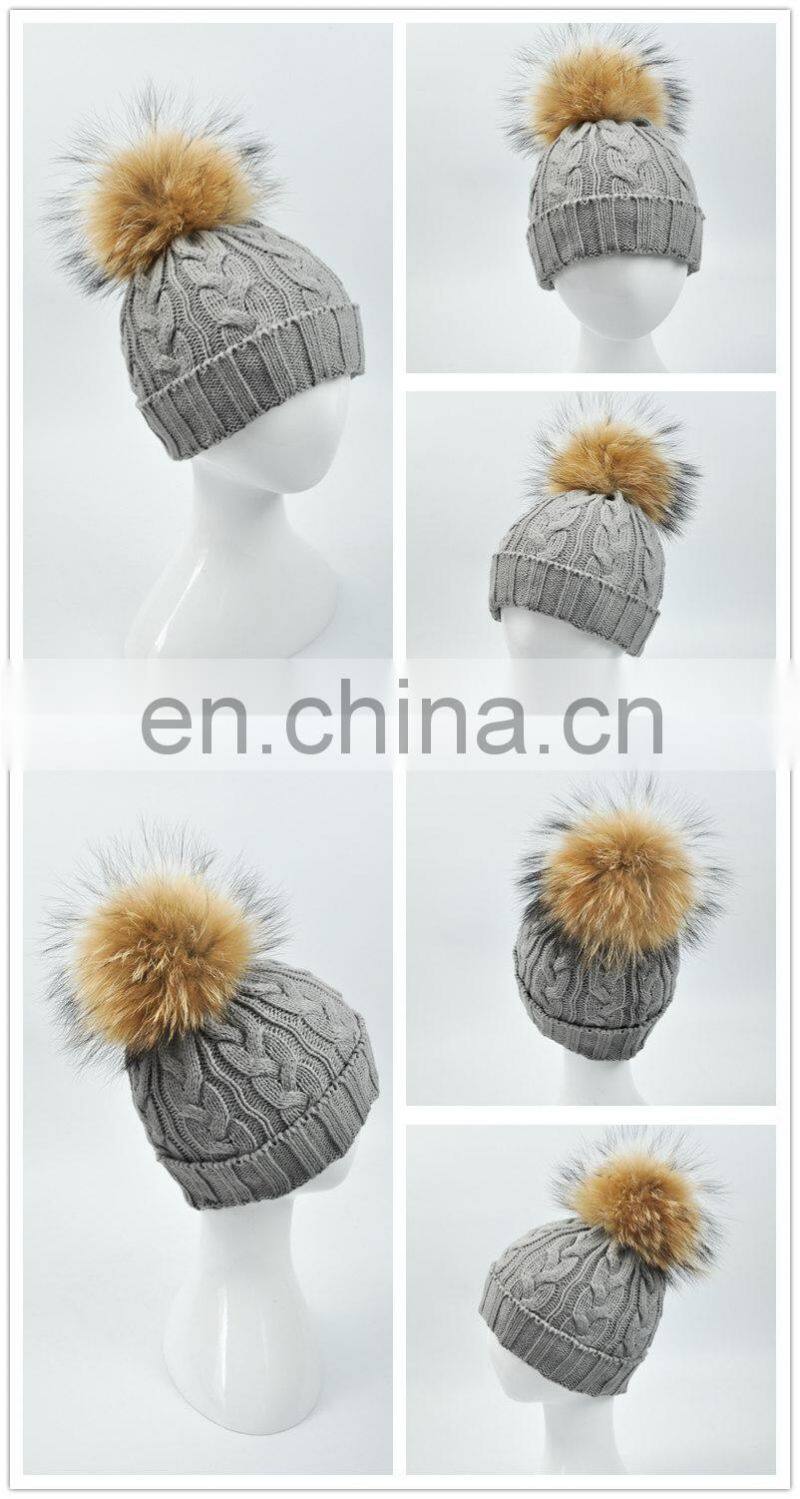Wholesale Handmade Thick Warm Winter Hat With Natural Raccoon Fur Ball Knitting Baby Beanie