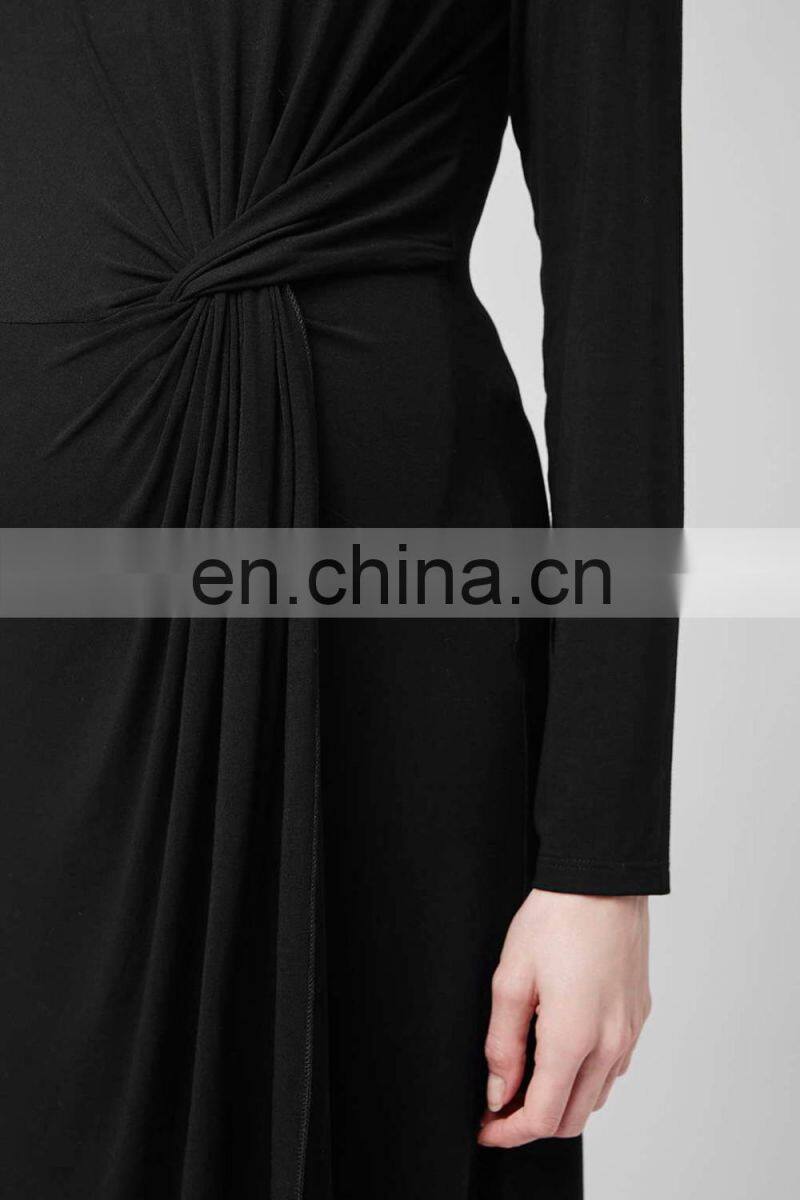 Black long sleeves viscose dress women with knot front