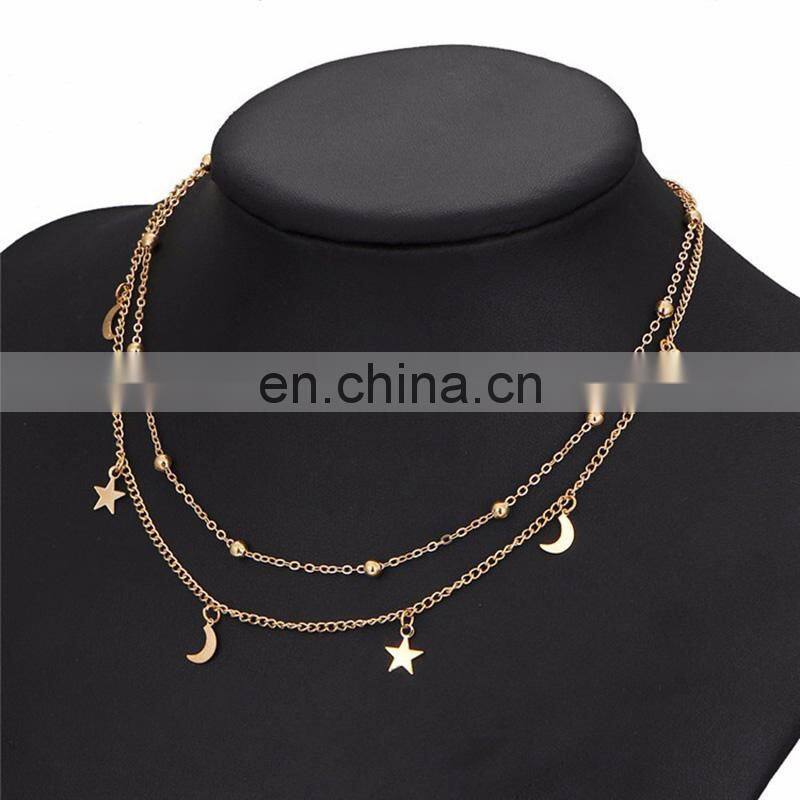 simple Moon Star Charm Choker Necklace for Women Gold and Silver Color Multi Layer Necklaces Jewelry