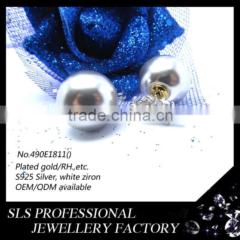 2015 Fashion latest design simple and generous hot sales 925 silver rhodium plate double sides pearl earrings for ladies
